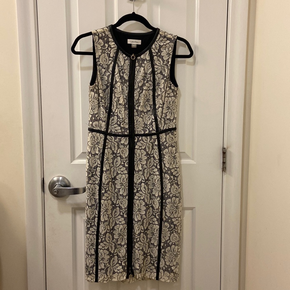 Calvin Klein Off-White & Black Lace, Faux Leather trim, zipper front dress.